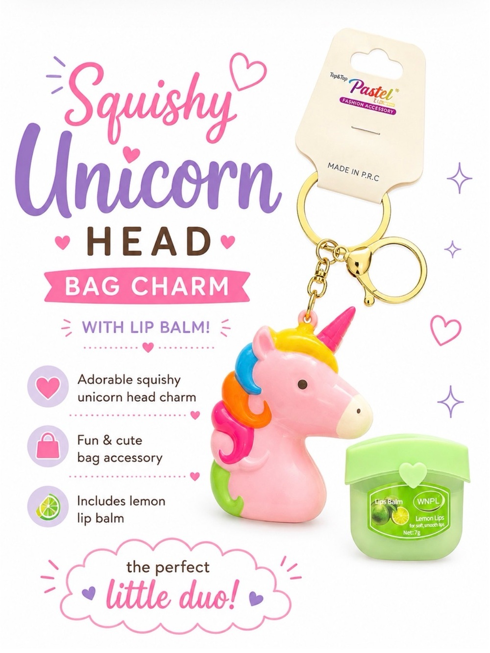 SQUISHY UNICORN HEAD KAWAII  BAG CHARM KEYCHAIN & LIP BALM SET